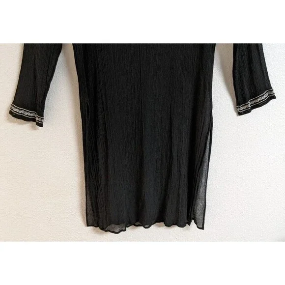 CHICO'S Women's Black Silk Embroidered Deep-V Cover-Up Beach Cruise 10/12 - Picture 10 of 11